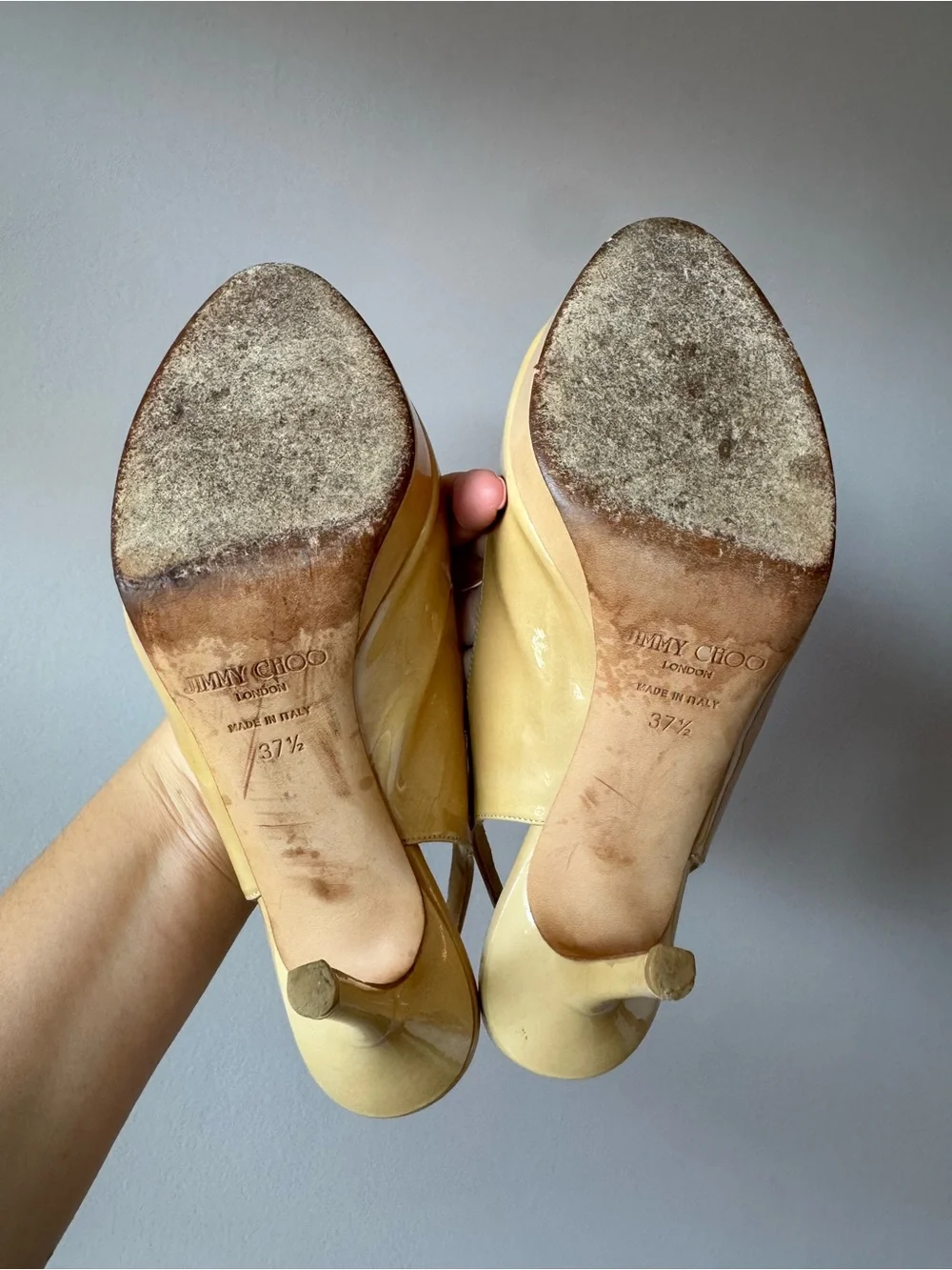 Jimmy Choo Women’s Nude‎ Patent Leather Peep Toe Slingback Heels Pumps Size 37.5